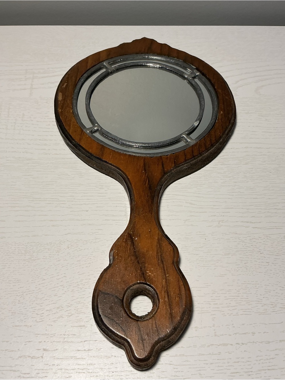 Antique Rustic Wooden Hand Held Vanity Mirror